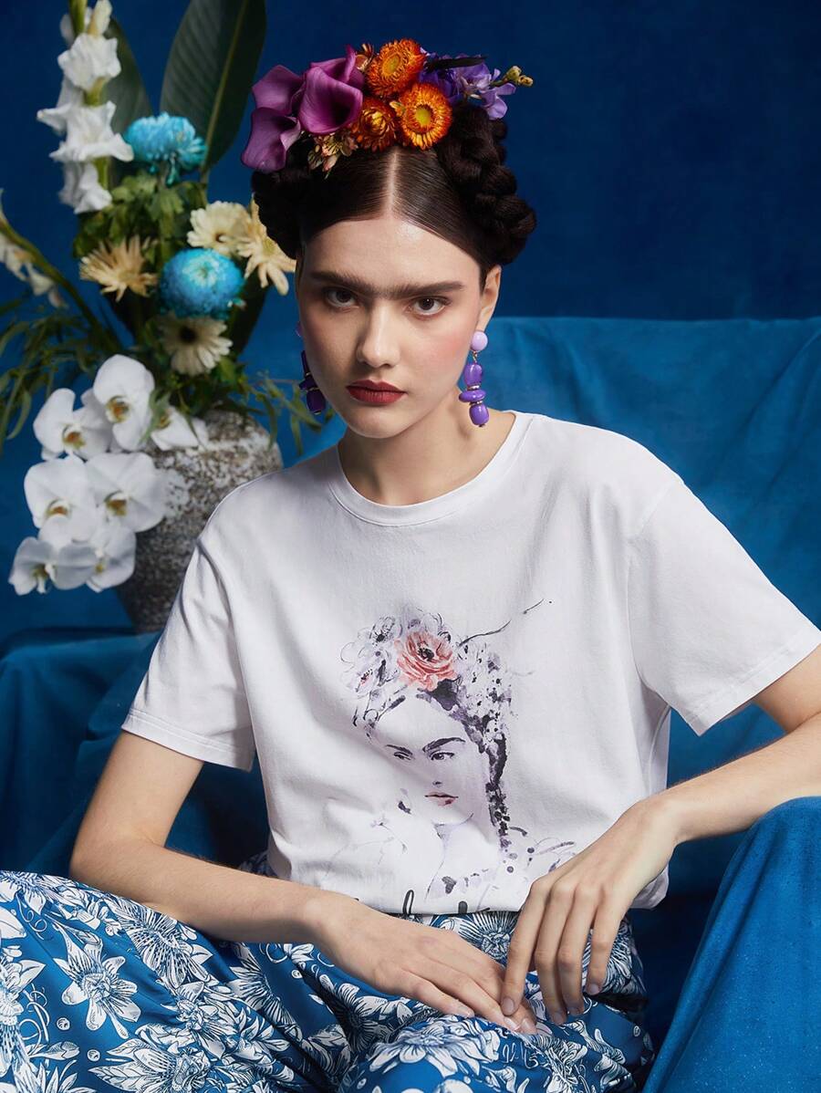 FURNANDA Frida Kahlo X SHEIN X Designer Figure Graphic Drop Shoulder Tee - White - View 1