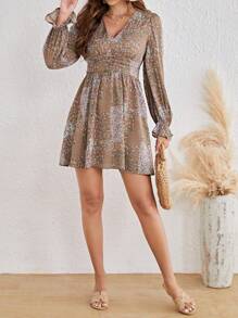 SHEIN Frenchy Ditsy Floral Print Flounce Sleeve Ruched Waist Dress Winter Vacation Brown Flower Beach - Mocha Brown - View 4