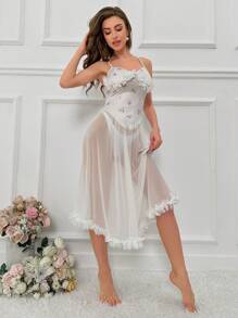 Camisón De Malla Adornado Con Volantes Y Estampado Floral Sin Ropa Interior - Blanco - Ver 4