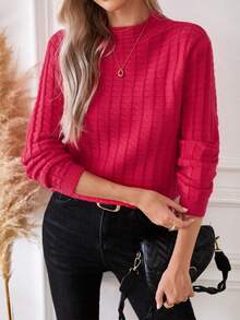 SHEIN Privé Solid Color Waffle Knit Sweater - Hot Pink - View 3