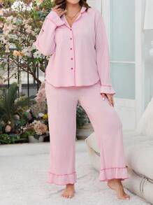 Plus Contrast Piping Flounce Sleeve Ruffle Hem PJ Set / Pajama Set - Pink - View 4