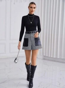 SHEIN Privé 女性千鳥格印花接片PU皮革口袋附腰帶短褲 - 黑與白 - 查看 6