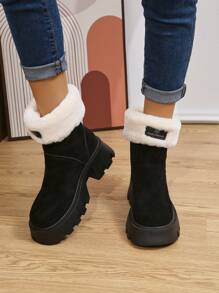 女新款黑色絨布防滑雪靴歐美韓時尚款冬季戶外防冷保暖靴子短靴機車靴毛皮靴 - 黑色 - 查看 5