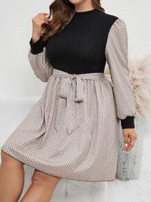 SHEIN LUNE Vestido De Talla Grande Con Cinturón Y Bloqueo De Color - Multicolor - Ver 1