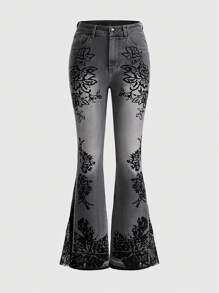 ROMWE Hippie Quần Jeans Ống Loe In Hoa Cho Nữ - Xám - Xem 1