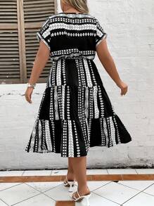 Breezaya Plus Geo Print Batwing Sleeve Ruffle Hem Dress - Black and White - View 2