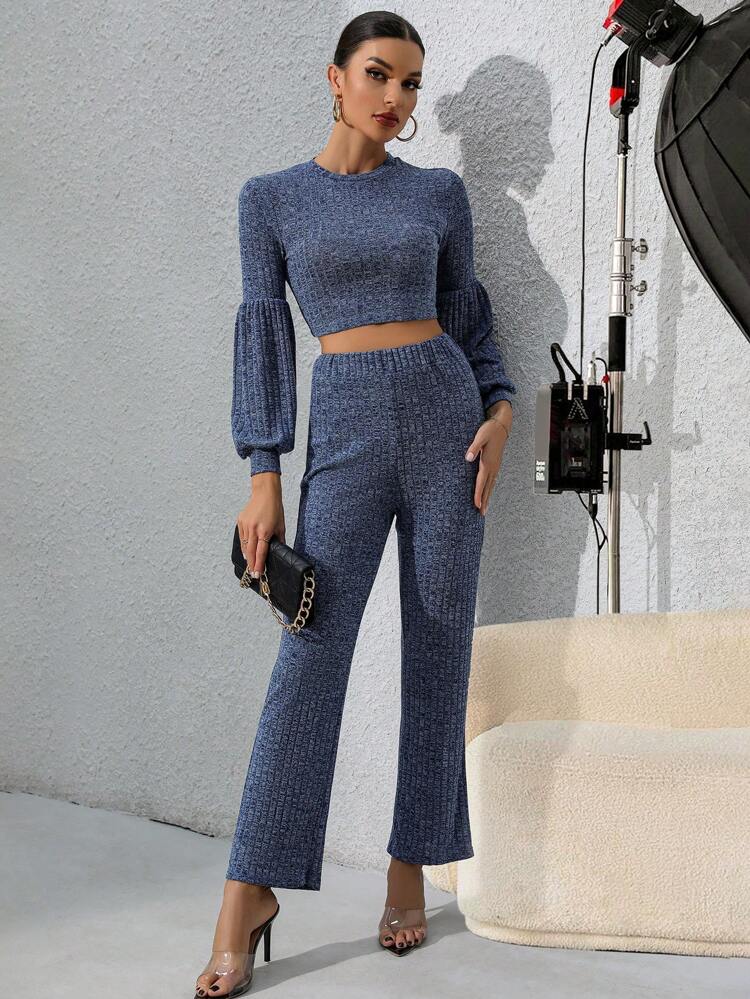 Lantern Sleeve Crop Top & Flare Leg Pants Fall Cloth For Women