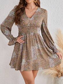SHEIN Frenchy Ditsy Floral Print Flounce Sleeve Ruched Waist Dress Winter Vacation Brown Flower Beach - Mocha Brown - View 1