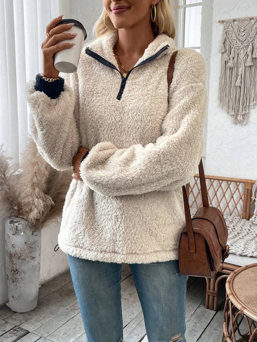 SHEIN LUNE Women'S Drop Shoulder Teddy Sweatshirt - Apricot - View 1