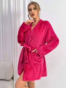 روب نسائي بحزام بلون سادة - روز أحمر - مشاهدة 4