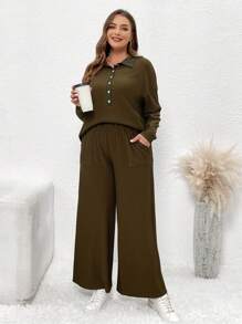 SHEIN LUNE Bộ áo phông hở vai trơn cài nút nửa xẻ tà cỡ lớn dành cho nữ và quần ống rộng - Cà phê nâu - Xem 4