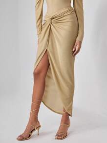 VALERIA GÓMEZ Designer 1pc Twist Front Split Thigh Elegant Skirt, Women Elegant Skirt, For Summer, Holiday, Party, New Year Eve