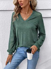 SHEIN LUNE Top De Hombro Ranglan Con Encaje Para Mujer - Verde - Ver 1