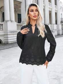 Aveloria 秋季休闲纯色随机镂空刺绣缺口领长袖衬衫 - 黑色 - 查看 1