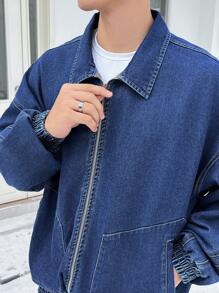 Claim Dot 男式寬鬆垂墜肩牛仔外套 - 藍色 - 查看 4