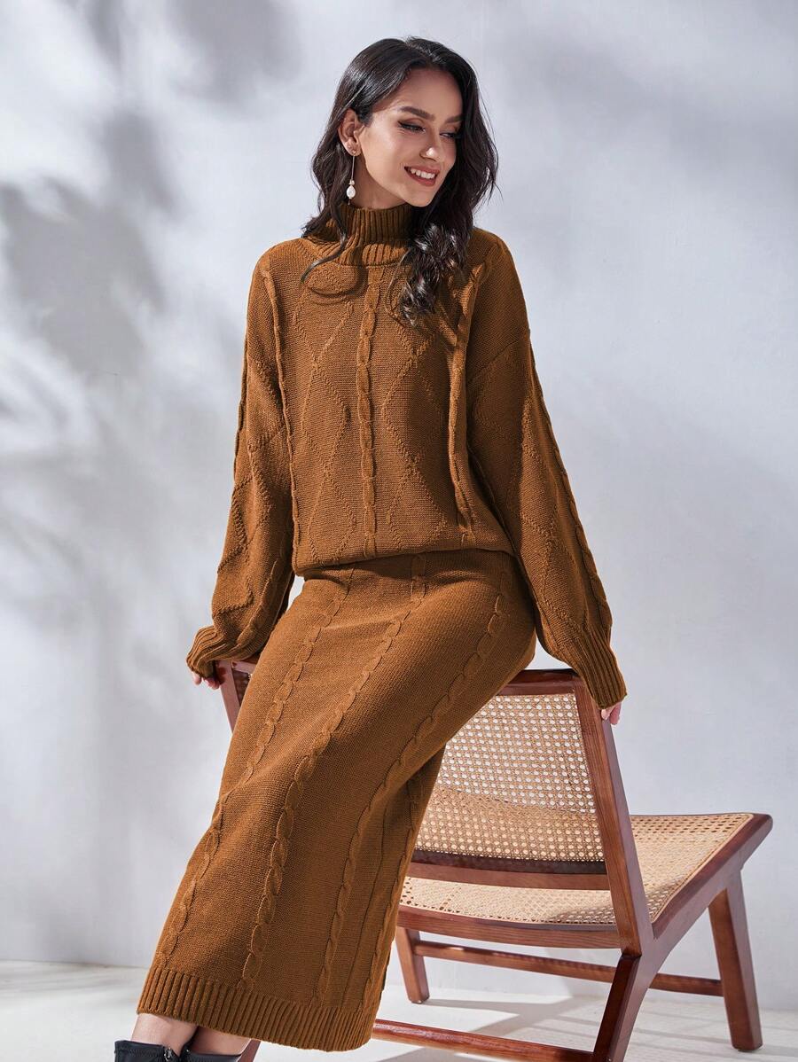 Modelyn 女士下垂肩毛衣和毛衣裙套裝 - 紅木色 - 查看 1