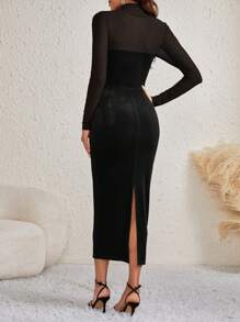 SHEIN Tall Mock Neck Contrast Mesh Split Back Bodycon Dress - Black - View 2