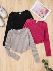 青少年女孩運動針織純色長袖上衣,多件套裝 - 彩色 - 查看 1