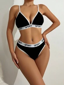 Conjunto De Braguitas Y Sujetador Con Ribete En Contraste Y Cinta Con Letras - Negro - Ver 5