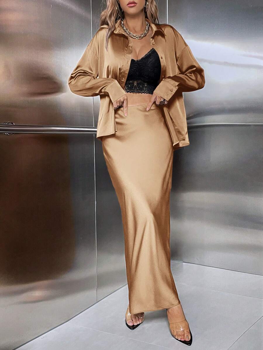 SHEIN Privé unicolor con botón delantero Camisa & Falda - Champán - Ver 1