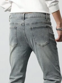 Manfinity Homme Men Cotton Bleach Wash Ripped Skinny Jeans Slim Fit Long Washed Light Jean Cargo Plain Blue Work Business Casual Husband