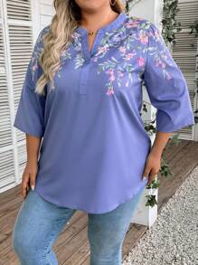 EMERY ROSE Plus Floral Print Notched Neckline Blouse - Blue - View 5