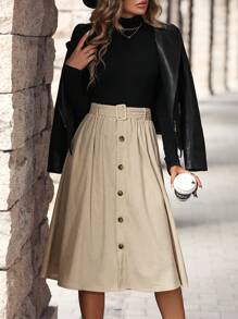 Chiquease Button Front Belted Corduroy Skirt - Apricot - View 5