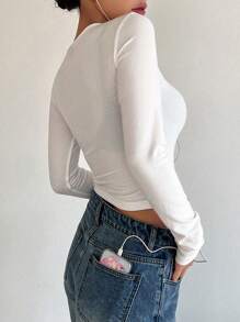 DAZY 女式纯色短款长袖T恤 - 白色 - 查看 4