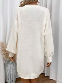 SHEIN LUNE 鏤空毛衣落肩連身裙 - 米色 - 查看 2