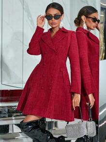 SHEIN Clasi 女式双排扣长袖格子大衣 - 紅色 - 查看 4