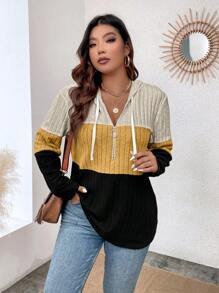 SHEIN LUNE 大码女式撞色抽绳卫衣 - 彩色 - 查看 1