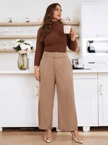 Calvaya Hơn Cao eo Thắt lưng Quần ống rộng - Lạc đà - Xem 5