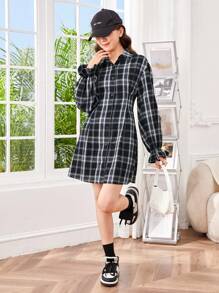 SHEIN 青少女檢查紋折疊領襯裙短袖a字裙系腰長裙 - 黑與白 - 查看 3