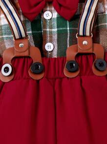 男嬰格紋印花前蝴蝶結襯衫&背帶褲