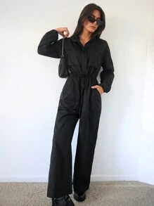 SHEIN Essnce 純色女式貨物工作服 - 黑色 - 查看 4