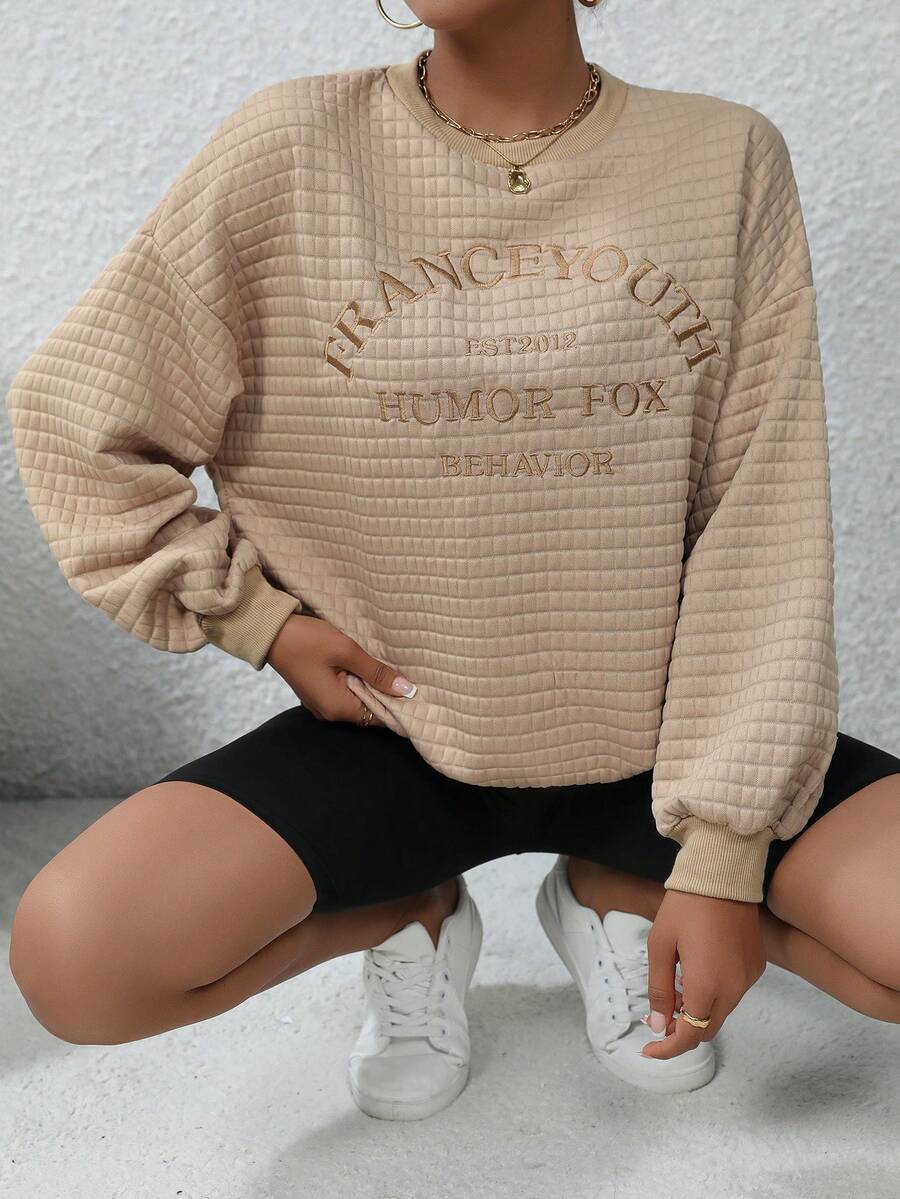 SHEIN Essnce Thêu Chữ Thả vai Áo nỉ - Màu Khaki - Xem 1