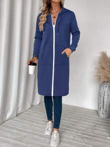 SHEIN LUNE Dây kéo Dây rút Hoodie - Màu xanh lam - Xem 6