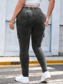 SHEIN EZwear Plus Drawstring Waist Flap Pocket Side Cargo Jeans - Grey - View 2