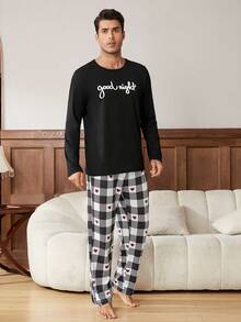男士英文字母印花運動衫和格紋長褲套裝 - 黑色 - 查看 2