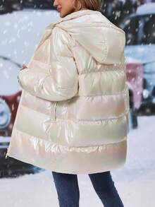 SHEIN Clasi Của phụ nữ Sáng bóng Laser áo có mũ Dây rút Áo lông Jacket - Màu be - Xem 2