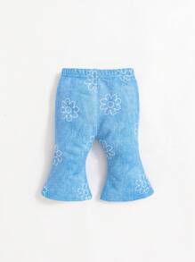 SHEIN Newborn Baby Girl Casual Flared Jeans With Floral Print - Blue - View 2