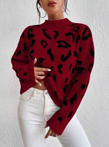 SHEIN LUNE 女式下垂肩全印花毛衣 - 紅色 - 查看 1