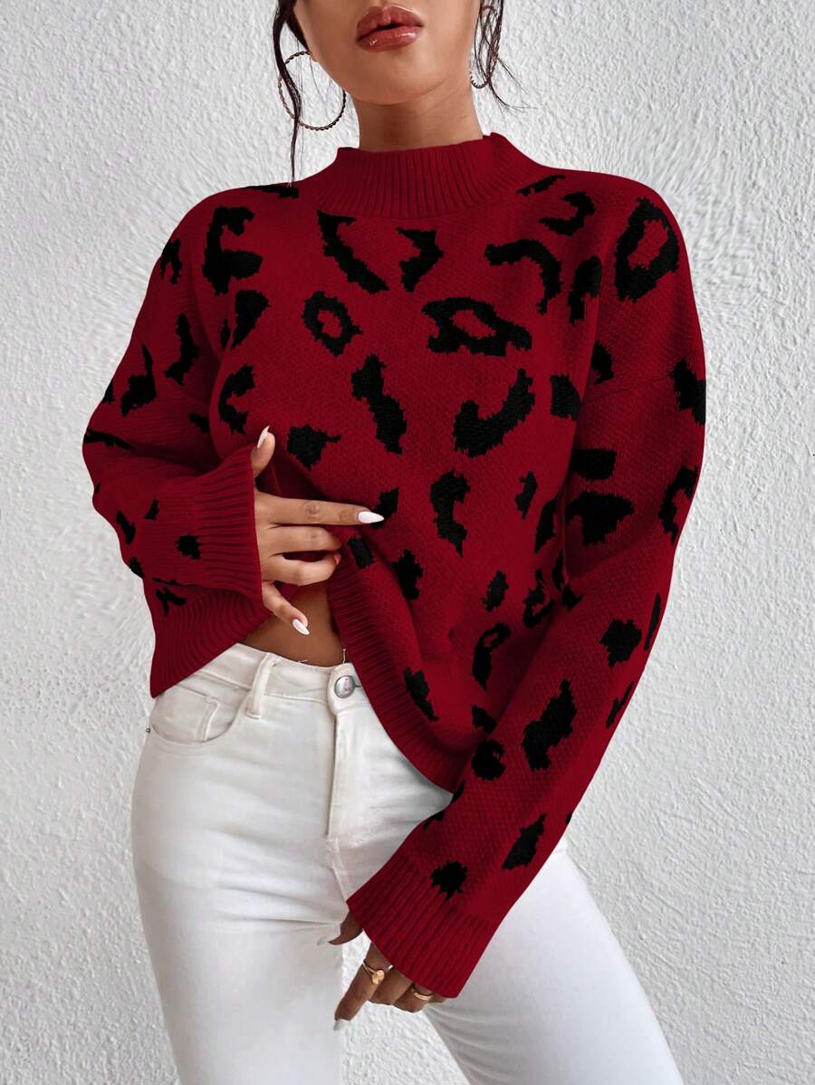 SHEIN LUNE 女式下垂肩全印花毛衣 - 紅色 - 查看 1