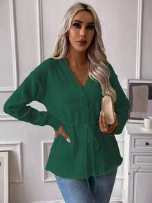 SHEIN Clasi Drawstring Waist Button-up Cardigan - Green - View 4