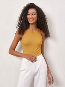 SHEIN BASICS Camiseta sin mangas casual de color liso con cuello redondo y textura acanalada para mujer, verano - Mostaza Amarilla - Ver 5