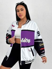 SHEIN Coolane 大碼字母圖案落肩袖飛行員夾克 - 紫色 - 查看 6