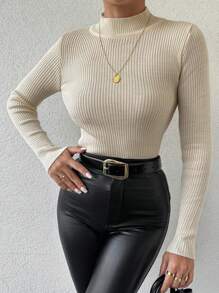 EURMUSE Mock Neck Ribbed Knit Sweater - Beige - View 4