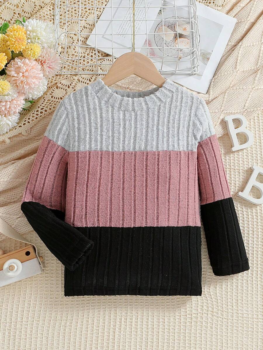 SHEIN 年輕女孩新款圓領長袖拼色肋織T恤 - 彩色 - 查看 1