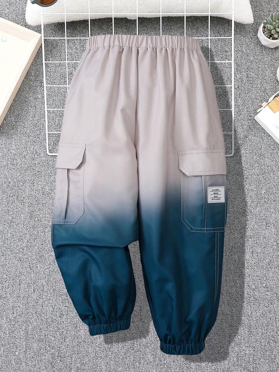 SHEIN 男童休閒寬鬆漸變字母拼布連身褲 - 卡其色 - 查看 1