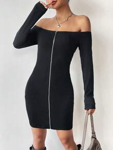 SHEIN EZwear 女性雙肩露鎖骨設計,拉鍊修身連身裙 - 黑色 - 查看 3